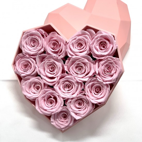 14 Rosas rosa eternas en caja forma corazón - Regalo Enamorados original