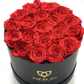 19 Rosas eternas Rojas en caja bombonera de color negra. Rosas de tacto natural y primera calidad.