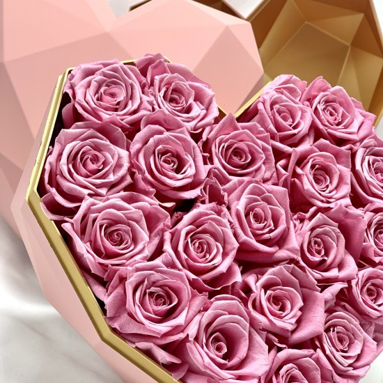 22 Rosas rosa eternas en caja forma corazón - Regalo Enamorados