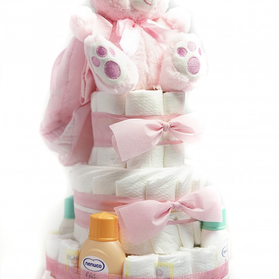 Tarta de pañales DODOT y Neceser NENUCO 3 pisos niña Tarta pañales DODOT Sensitive Talla 2 con Neceser NENUCO rosa