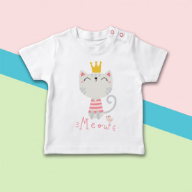 Camiseta para bebé de manga corta con dibujo de gatita y su corona de princesa