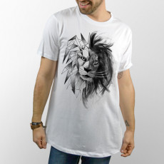 Camiseta unisex blanca manga corta para chico y chica, modelo básico y extra largo con dibujo de León