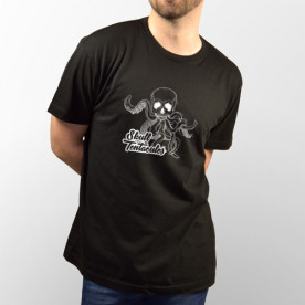 Camiseta para chico y chica de manga corta y de color negro con dibujo de calavera con tentáculos