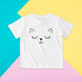 Camiseta para niño y para niña de manga corta con la cara de un gatito