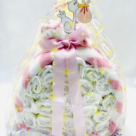 Tarta Pañal Cigüeña Rosa Niña Tarta pañal cigüeña presentada en forma original para regalar a los recién nacidos.