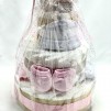 Tarta de 3 pisos para reci&eacute;n nacido con ropa beb&eacute; ROSA y BLANCA y patucos a conjunto