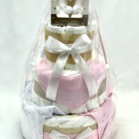 Tarta de 3 pisos para reci&eacute;n nacido con ropa beb&eacute; ROSA y BLANCA y patucos a conjunto