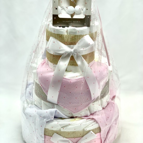 Tarta pañal Patucos Rosa niña Tarta de 3 pisos para recién nacido con ropa bebé ROSA y BLANCA y patucos a conjunto