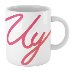 Taza blanca de cerámica con logo de colores del youtuber Uy Albert!